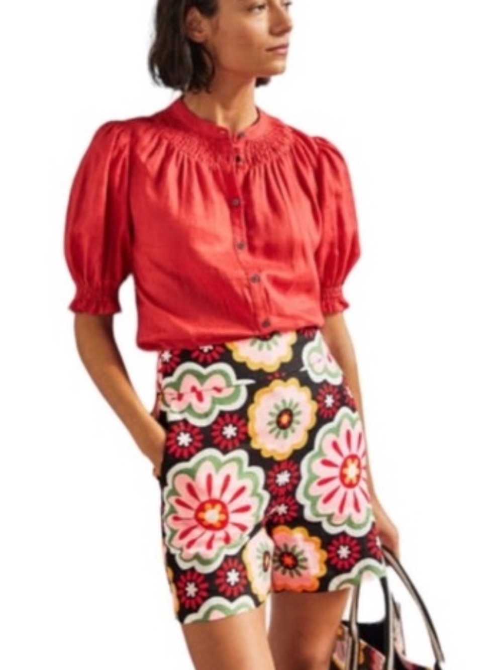 Boden Red Linen Puff-Sleeve Button Front Blouse